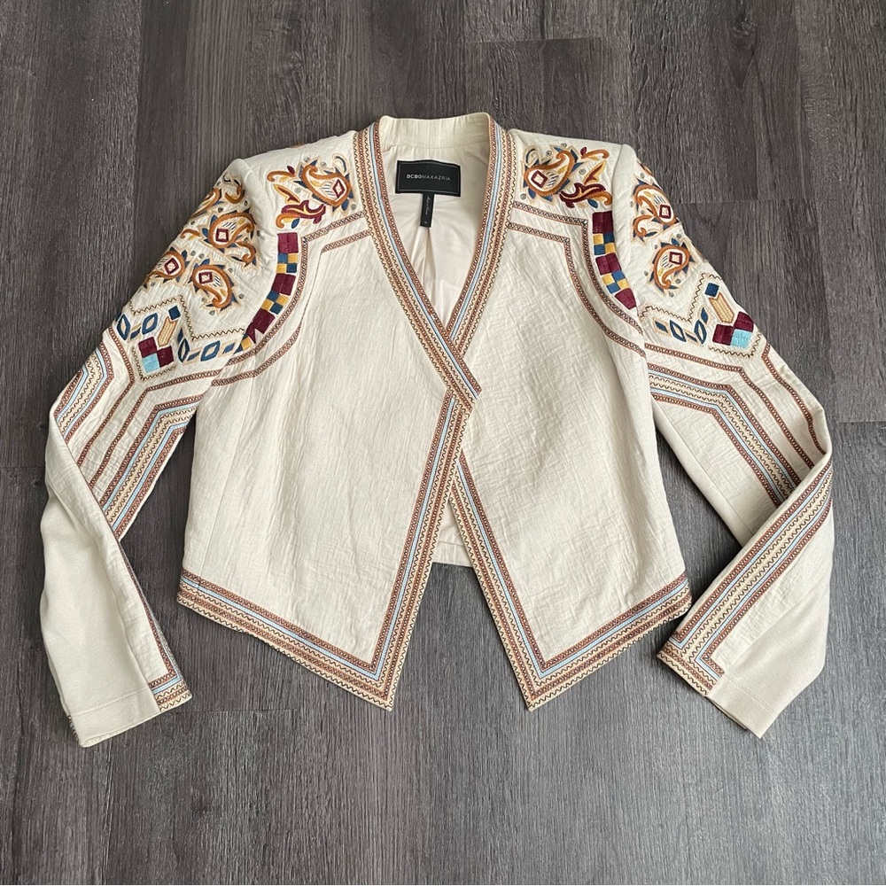 BCBGMaxAzria Cream Embroidered Open-Front Cropped Blazer